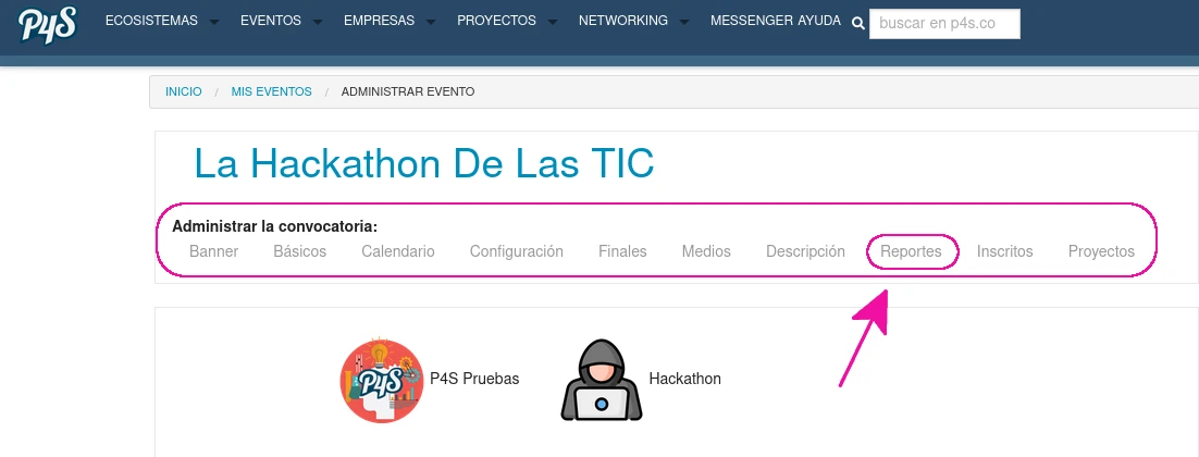 En la administración del evento verás este submenú con la opción para ir a los reportes de una hackathon