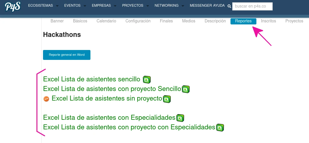 Tipos de reportes que puede ver el organizador de una hackathon